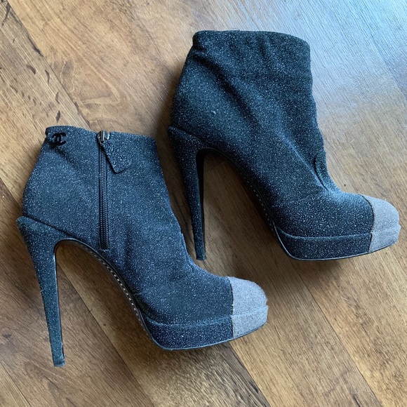Chanel Black and Grey Suede Metallic Text. Booties - Picture 2 of 5